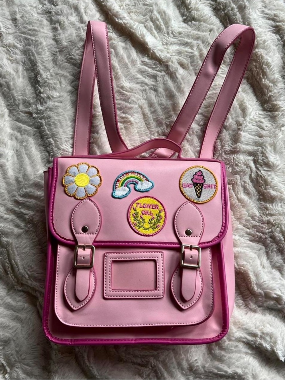 Sugar Thrillz Patched Backpack in pink vegan leather